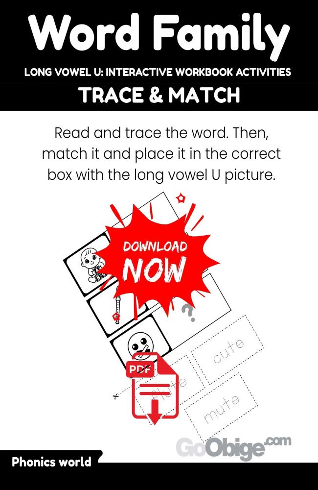 Long Vowel U Word Family Trace and Match Worksheet Activity